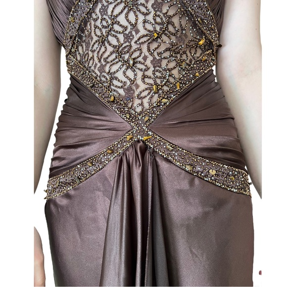 ALYCE DESIGNS Chocolate Brown Satin Formal Gown With Train and Cutout Midriff - Picture 16 of 16